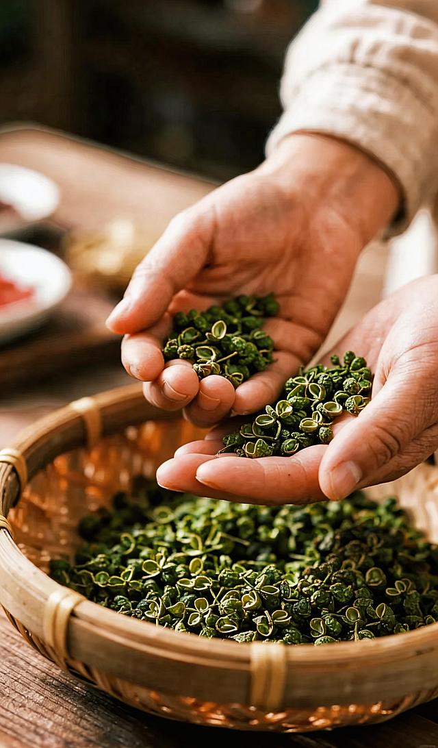 将图片中所有的红花椒替换为青花椒，保持青花椒的自然形态，保留原图中双手、竹筐的构图和光线氛围不变，生成8k超清画质，保留原图所有其他内容和比例不变