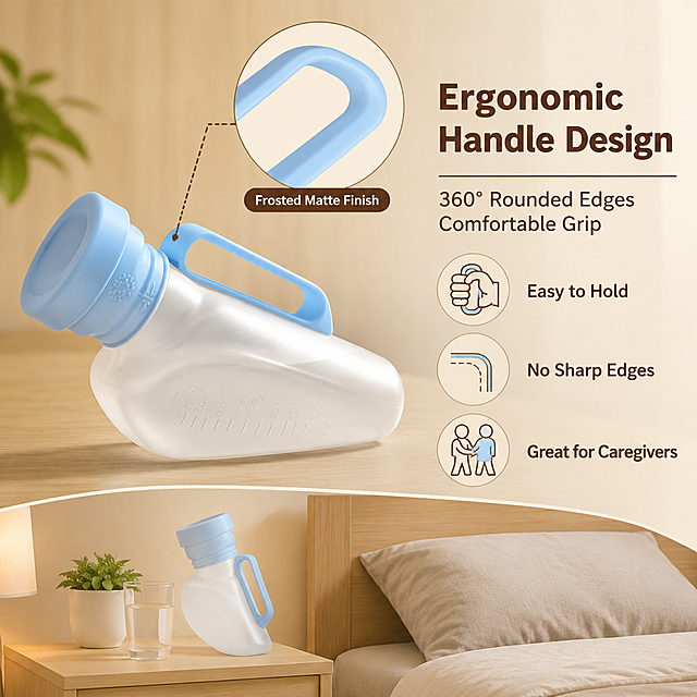 Amazon infographic style main image, handle design and ease of use feature. Warm light wood-tone background with subtle texture, home care atmosphere. The male urinal bottle is shown at a slight angle on the left side, with focus on the light blue ergonomic handle. Product appearance, structure, material and color must remain exactly consistent with input product image. A close-up magnified circular inset at top right zooms in on the handle surface showing matte frosted texture, with label "Frosted Matte Finish". Right side has headline area: bold title "Ergonomic Handle Design", subtitle "360° Rounded Edges  Comfortable Grip". Below title, three benefit icons with short text: first icon of a hand gripping handle with "Easy to Hold", second icon of rounded corner with "No Sharp Edges", third icon of a caregiver helping with "Great for Caregivers". At bottom, a small lifestyle scene strip shows the bottle placed on a bedside table next to a bed, demonstrating bedside use context. Warm soft lighting, commercial product photography quality. 1:1 square ratio, all text in English, text clear and readable. Negative: deformed, Chinese text, watermark, platform logo, messy background, distorted hand anatomy.