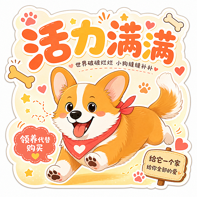 设计一款领养宠物宣传贴纸，画面中心放置一只活泼的卡通柯基，边缘做异形抠图处理，和整体方形贴纸轮廓自然融合。主标题使用醒目圆润活泼的大字，情感化文案“活力满满”，暖色调配色，主标题下方搭配小号细字体补充文案“世界破破烂烂 小狗缝缝补补”，在边角和文字周围点缀骨头、爪印、爱心等宠物相关小图标装饰，整体氛围元气可爱