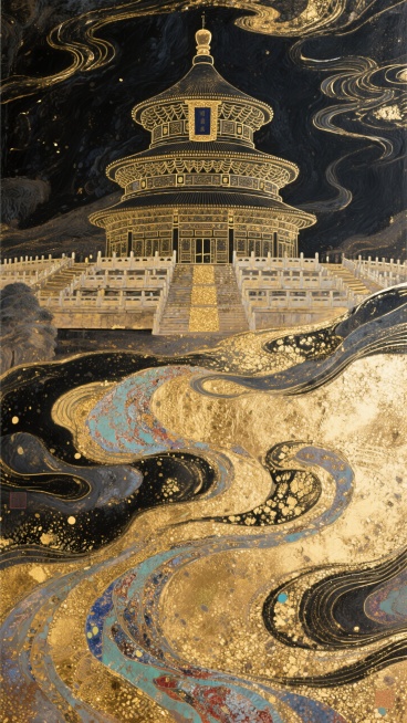 国风抽象鎏金流动，天坛背景，以黑金色为主色调预览效果