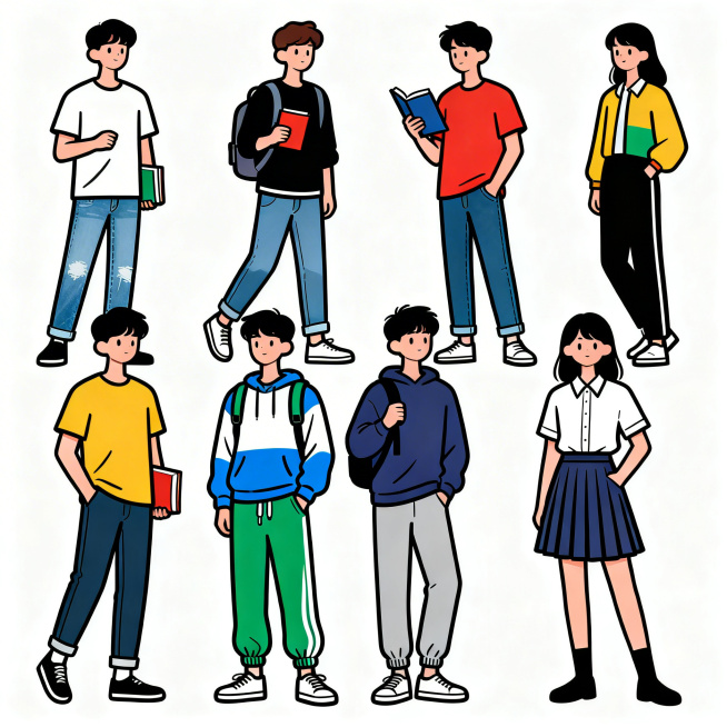 参考图中的扁平插画风格，生成多个不同造型的全身版年轻大学生扁平风插画小人，采用简洁粗黑线条勾勒轮廓，色块平涂，纯白色干净背景，风格保持和示例图完全统一预览效果