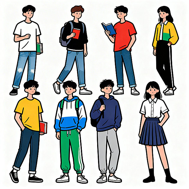 参考图中的扁平插画风格，生成多个不同造型的全身版年轻大学生扁平风插画小人，采用简洁粗黑线条勾勒轮廓，色块平涂，纯白色干净背景，风格保持和示例图完全统一