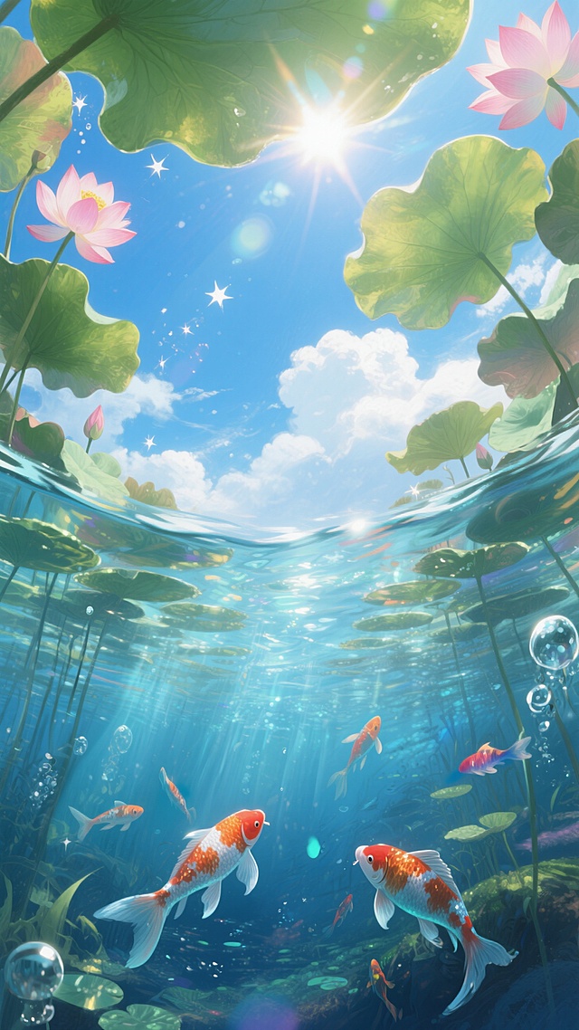 水彩风插画，梦幻清新，虚拟自然景象，阳光穿透水面，锦鲤悠游，荷叶莲花点缀。