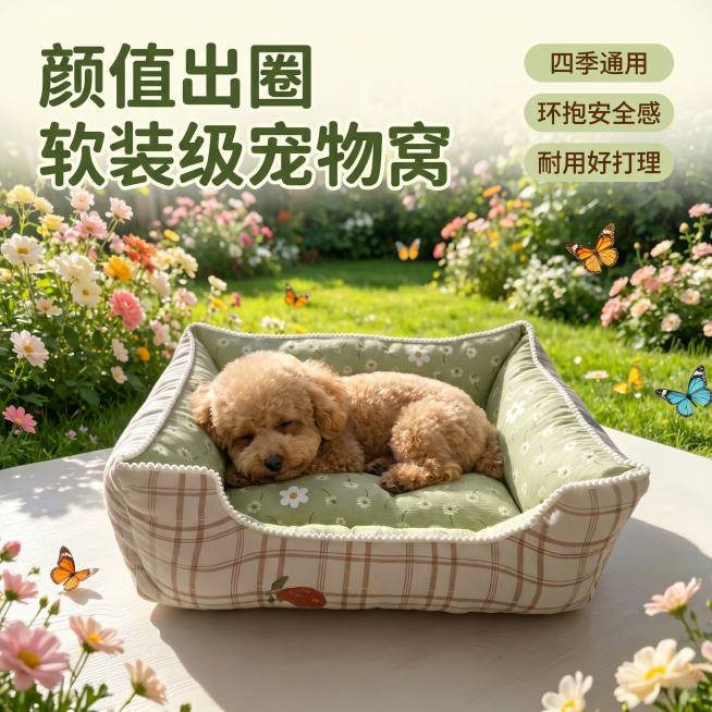 [主图-1] 清新户外场景宠物狗窝首图
[氛围风格] 温柔清新家居风，自然氛围感
[画质] 商业摄影质感、光线柔和通透、产品清晰真实、画面干净高级
[元素] 莫兰迪豆绿色小雏菊内里搭配奶白棕格纹外身的预览效果