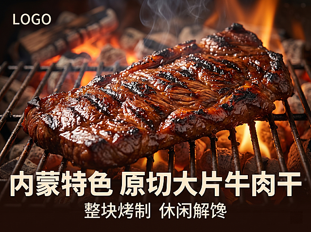 「图片1」上传一张碳烤原切大片牛肉干实拍图，一次性生成7张图：1张1:1正方形主图、1张4:3横版主图、4张4:3横版辅助图、1张1:1正方形白底图，适配抖音来客规范。整体暖调炭火美食风，干净有食欲，全图左上角预留品牌logo位。
1:1主图：居中呈现大片牛肉干，凸显厚实原切肌理，配字「内蒙碳烤原切大片牛肉干 · 炭火慢烤 · 肉香醇厚」，浅米白渐变背景聚焦产品。
4:3横版主图：炭火烤炉衬底，展现焦香紧实质感，配字「内蒙特色原切大片牛肉干 · 整块烤制 · 休闲解馋」，暖橙色调烘托烟火气息。
辅助图1（4:3横版）：特写烤制纹路与肉纤维，体现炭火现烤原汁原味，木质托盘简洁布景。
辅助图2（4:3横版）：手撕掰开展示内里肉质，标注「大片厚实，嚼劲十足，越嚼越香」，浅素底色干净大方。
辅助图3（4:3横版）：茶几休闲场景摆放搭配饮品，适配追剧聚餐下酒食用场景，生活化暖调氛围。
辅助图4（4:3横版）：融入草原元素，标注「内蒙本地食材，原切炭烤，新鲜出品」，排版清晰彰显产地品质。
1:1白底图：纯白无装饰无文字，高清完整呈现大片牛肉干外形肌理，边缘规整符合平台要求。
全部画面色调统一，元素简洁不杂乱，凸显内蒙原切炭烤肉干鲜香诱人质感。