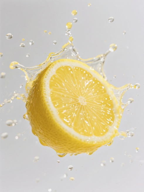 一个完整的圆形柠檬被切成两半的剖面特写，柠檬的果肉呈现出明亮的黄色，果皮带有细密的纹理和光泽，果肉的纹理清晰可见，汁水从柠檬剖面飞溅而出，形成动态的水花和水滴，水花呈现出透明的质感并带有黄色的光晕，水滴在空中四散分布，背景为纯白色，整体画面光影对比强烈，高光和阴影细节丰富，具有高度的写实主义风格和清晰的微距摄影质感。预览效果