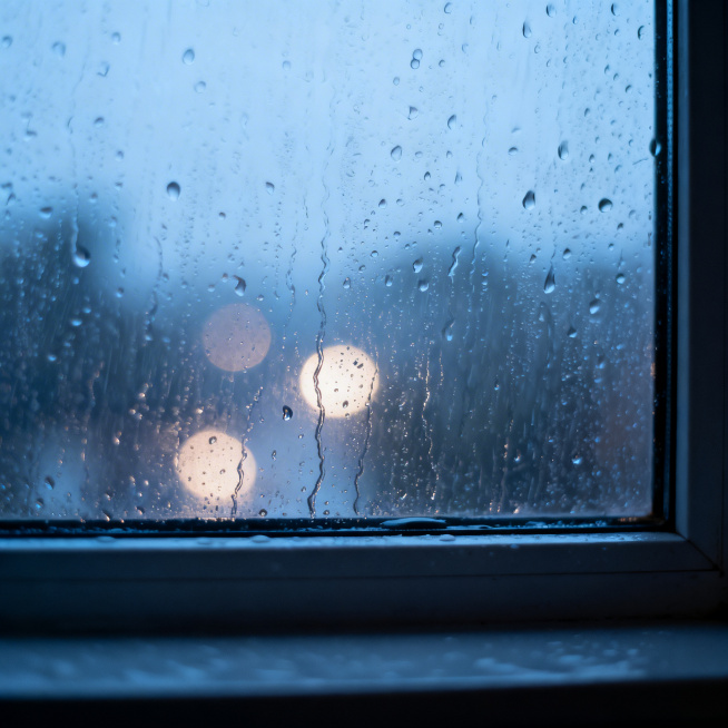 雨滴打在玻璃窗上，玻璃表面布满错落的雨珠和水痕，窗外光线被雨水晕染成模糊的光斑，整体氛围朦胧静谧，带着雨天独有的温柔氛围感预览效果