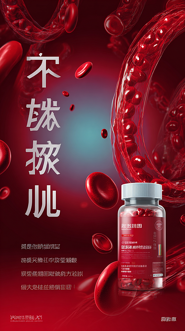 竖版易拉宝医疗设计，长宽比1:2.5，深红到鲜红血红色调渐变，背景从上到下蓝色过渡到紫色，上方发光流动血管脉络加血细胞光点，强写实科技感，顶部大标题区，左侧放大倾斜产品瓶，带白色胶囊，产品下简介区，下半部分三个横向排列半透明圆角专利卡片，整体配色血红色亮红金色白色，无衬线锐利字体，医学科技感，文字不完美则留空底图