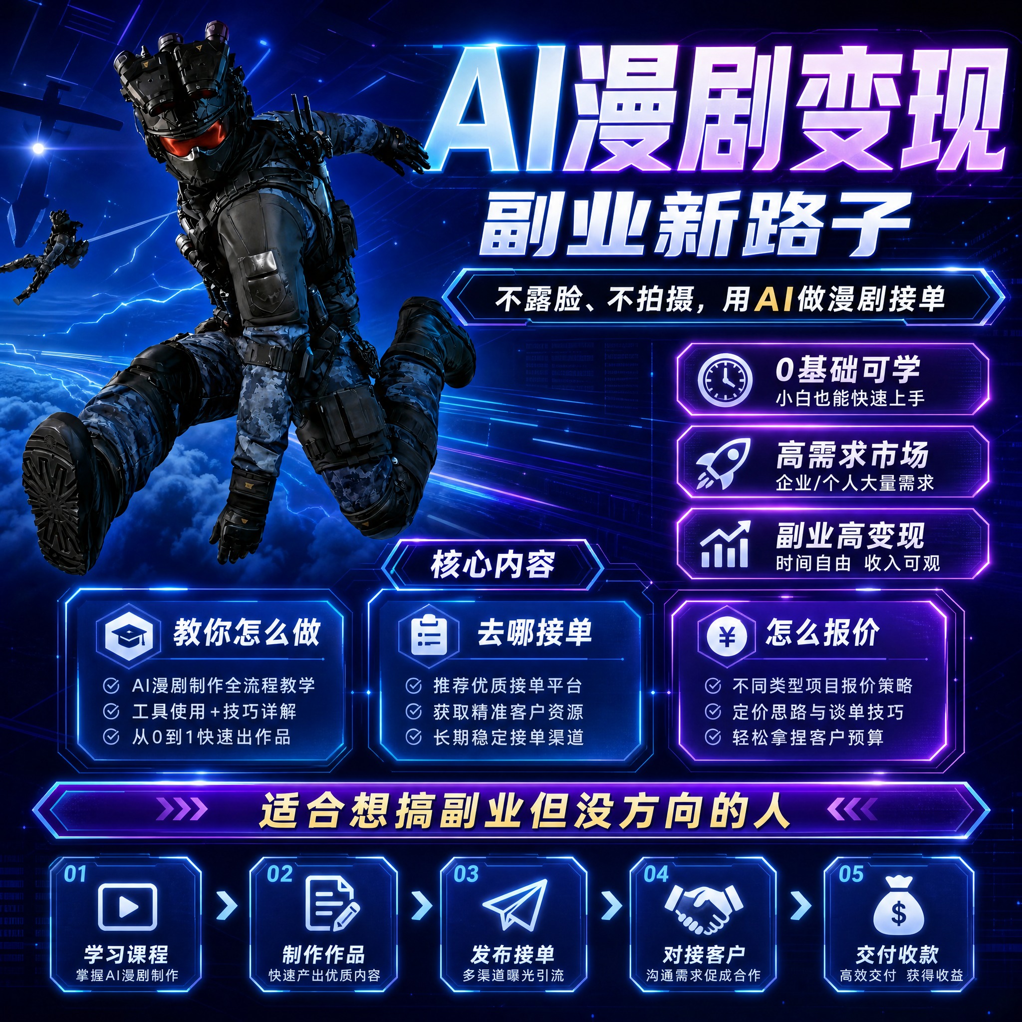复刻参考海报的科技感版式骨架与构图结构，深蓝紫渐变背景配蓝色霓… - 图片创意预览