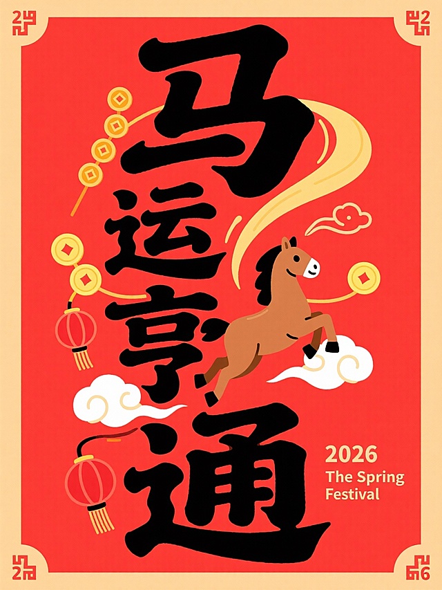 主体是竖版黑色 “马运亨通”，拙气扁平手写风格，上下保留一定边距。叠加于正红底色之上，字间穿插卡通棕马（脚踏祥云向前奔腾）、金色气流、铜钱串、红灯笼、祥云符号，点缀 “2026”。四角辅以 “2026”“The Spring Festival” 小字装饰元素，整体呈现顺畅好运的国潮风格