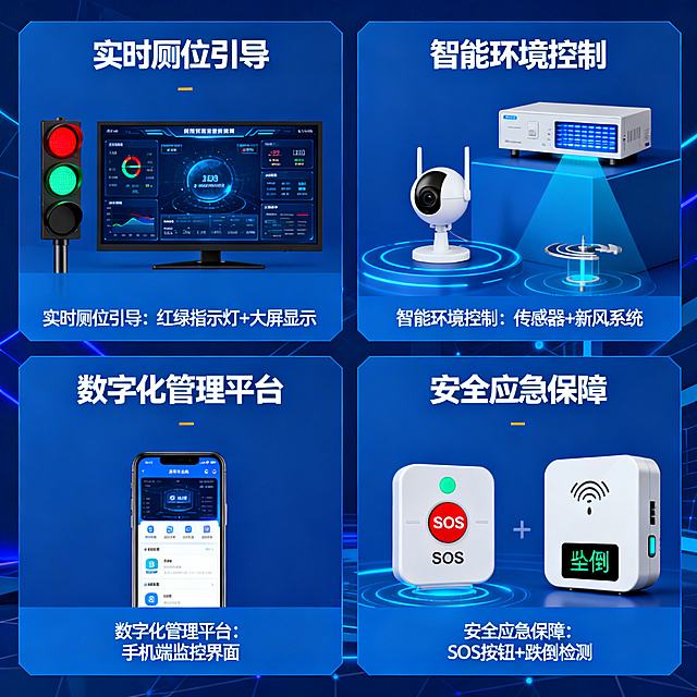 淘宝智慧厕所系统功能详情图，分四大模块展示：1. 实时厕位引导（红绿指示灯+大屏显示）2. 智能环境控制（传感器+新风系统）3. 数字化管理平台（手机端监控界面）4. 安全应急保障（SOS按钮+跌倒检测），用科技蓝主色调，几何无衬线字体，清晰标注核心功能