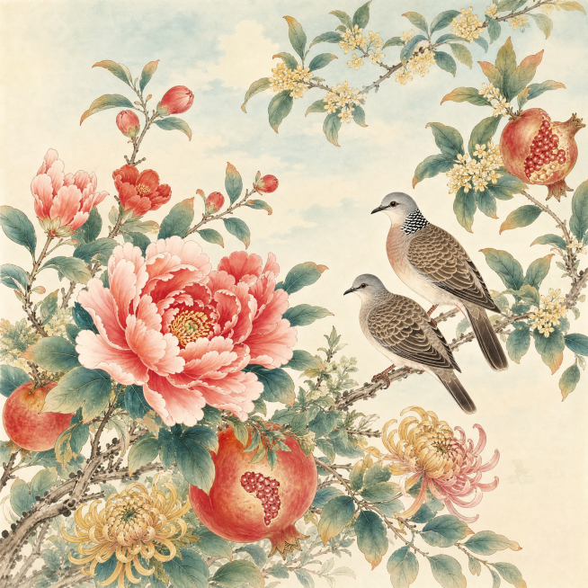 9月花鸟图，按照参考图的工笔国画风格，使用各类花卉飞鸟素材创作，画面美观雅致，不包含任何文字，正方形尺寸，保持与参考图一致的工笔画风，可根据九月季节特点搭配当季花卉预览效果