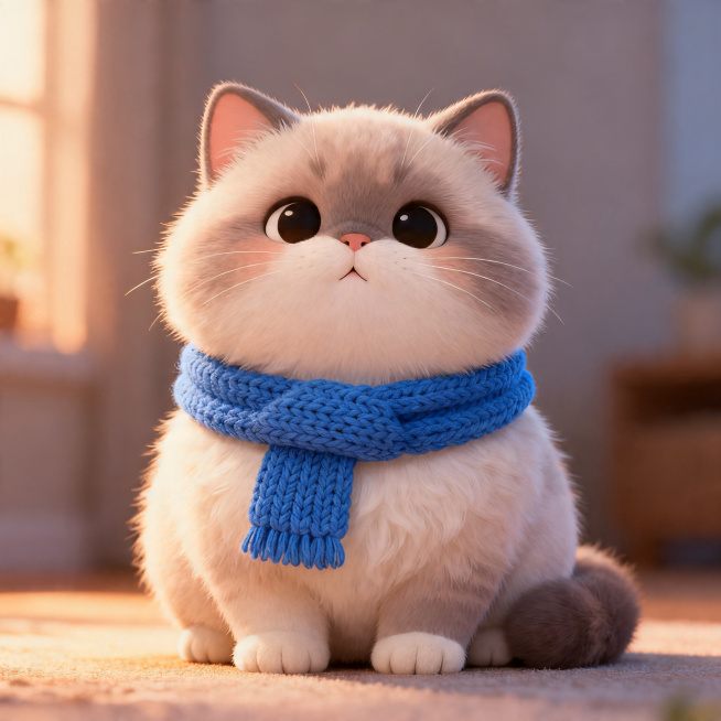 一只萌萌可爱的小猫，脖子上戴着一条蓝色的针织围巾，毛茸茸软乎乎的，圆滚滚的，温馨治愈风格，暖光氛围，卡通可爱画风预览效果