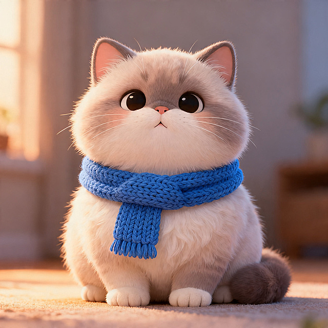 生成一个戴蓝色围巾的萌萌的小猫