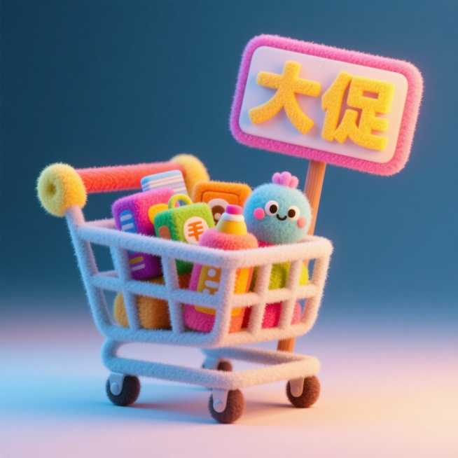 购物的车里装着很多商品，周围有个牌子写着“大促”，撞色，促销氛围预览效果
