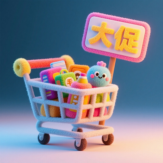 购物的车里装着很多商品，周围有个牌子写着“大促”，撞色，促销氛围