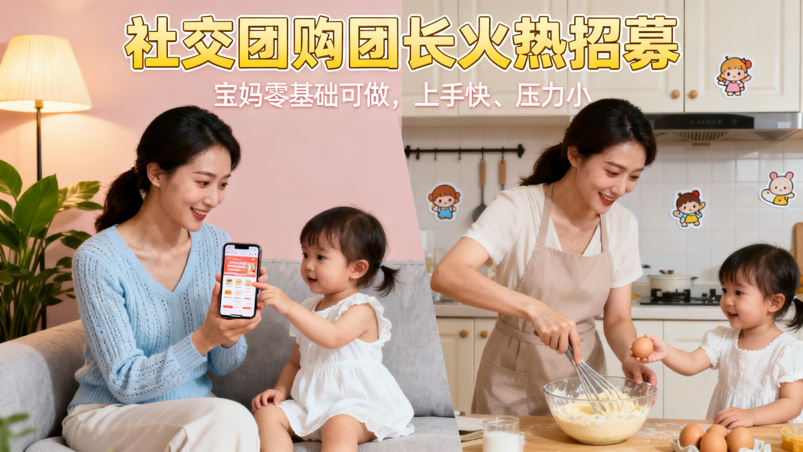 社交团购团长火热招募，宝妈零基础可做，上手快、压力小，朋友圈横版海报1280*720，温馨写实风，不同配色不同字体，包含宝妈宝宝温馨元素，高级质感画面丰富，无二维码无电话无其他任何多余文字，仅保留指定预览效果