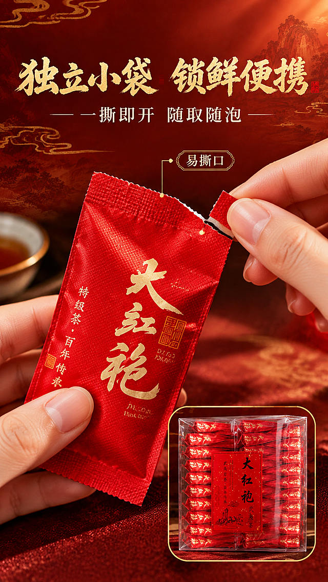 [商品] 使用【图1】大红袍武夷岩茶礼盒主图：保留红色铝箔小袋的金色书法"大红袍"、拼音、印章与顶部易撕口结构，保留透明礼盒内小袋整齐排列的结构，不改变包装文字。
[画面] 详情页第6屏 包装细节页：采用结构特写+手部操作型版式，微距满版，中国成年女性手部轻捏小袋顶部易撕口做撕开动作，仅露出完整自然的指节；画面右下角以圆角小窗展示透明礼盒内小袋整齐排列结构；产品主体占画面约70%，背景深红渐变虚化。
[视觉] 套系策略：风格=中式国风高端茶礼商业摄影；标题字=厚重书法体；正文字=细黑体；主色=中国红；背景延展=深红至暖红渐变，配水墨山水与祥云暗纹；强调色=烫金，仅用于小面积图标、引线、印章；标题色=金色；正文色=米白；组件=细金线圆角信息卡与金色印章；光影=自然暖阳逆光加柔和主光。
[文字] 主标题"独立小袋 锁鲜便携"（金色厚重书法体，横向排布）置于画面上方；副标题"一撕即开 随取随泡"（米白细黑体）；细金线引线指向易撕口并标注"易撕口"；全部横排，不遮挡小袋主体与手部。
[规格] 图片比例9:16竖版，分辨率4K，避免畸形手、多余手指、竖排文字、错字、冷蓝背景、水印、平台Logo、产品变形。