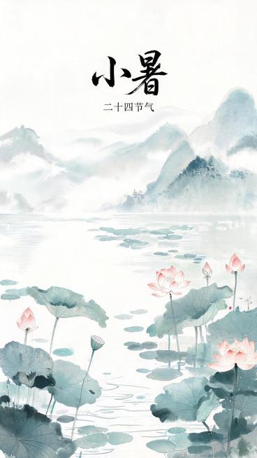 小暑节气海报背景，水墨画风格，清新淡雅，夏日荷花，山水意境预览效果