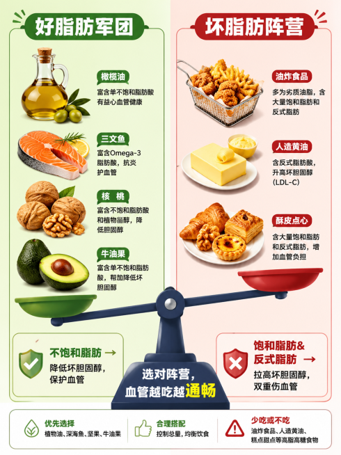 一幅左右对照式科普图解，左侧区域用绿色背景标记为"好脂肪军团"，画着橄榄油瓶、三文鱼、核桃和牛油果，下方标注"不饱和脂肪→降低坏胆固醇，保护血管"；右侧区域用浅红背景标记为"坏脂肪阵营"，画着油炸食品预览效果