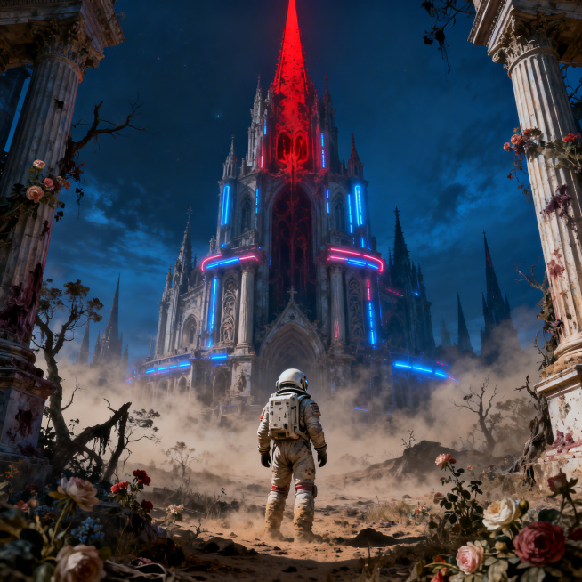 astronaut looking up at a neobrutalist evil space cathedral, dominated by central evil red spire, ne预览效果