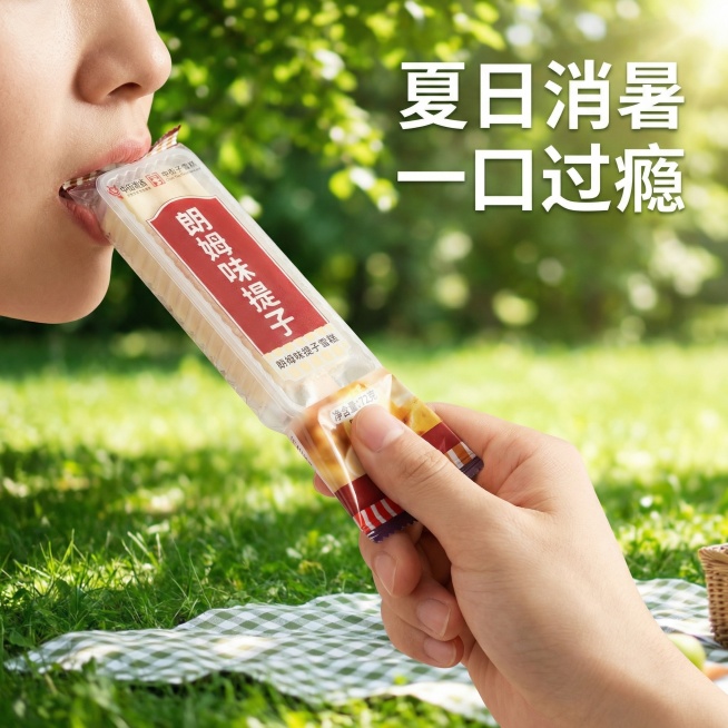 夏日户外野餐场景，一只手拿着中街提子雪糕，做出准备咬下的自然动态，背景虚化树荫草地，阳光透过树叶洒下光斑，营造冰爽消暑的生活感，文案“夏日消暑 一口过瘾”悬浮右上角留白，整体风格和前几张统一，1:1构预览效果