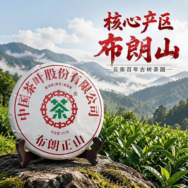 [主图-2] 核心产地溯源，布朗正山普洱茶产地展示
[氛围风格] 国潮自然风，有机真实的茶山氛围
[画质] 商业摄影质感、光线柔和通透、产品清晰真实、画面干净高级
[元素] 保持原普洱茶饼外观、包装文字与输入产品图一致。左侧为茶饼产品实物，右侧背景为云南布朗山茂密茶园实景，近处翠绿茶树层次分明，远景山峦层叠云雾缭绕。商品整体占比合理，产品突出不被背景淹没。
[光影] 自然户外日光，柔和漫射光，突显茶叶翠绿鲜活与茶饼质感，光影自然通透。
[配色] 主体茶饼红白配色，背景茶山自然绿色调，整体清新自然，国潮风格融合自然。
[视角构图] 左右均衡构图，茶饼在左侧实景在右侧，景深适中，远景虚化突出主体。
[文字版式] 画面右上方放置大号大字文案 "核心产区"，下方更大数字 "布朗山"，红色书法字体，与国潮风格统一；下方小字 "云南百年古树茶园"，字体缩小，黑色细体，文字清晰不遮挡主体。
[输出要求] 1:1 比例，文字清晰可辨，超高清商业摄影质感。
[负向提示词] 变形，文字错乱，产品图模糊，背景杂乱，水印，电商平台Logo。