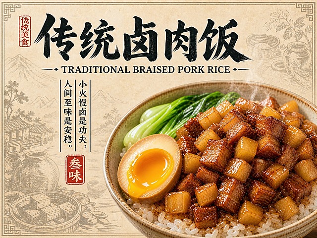 以参考图为基础重新生成 4:3 横版海报，只调整食物内容：在写实卤肉饭中增加土豆方丁——金黄色软糯的土豆丁，个头比卤肉块稍小，和卤肉、卤汁、溏心蛋、青菜一起堆在米饭上，土豆丁表面挂满卤汁油光。背景版画底图保持浅色雅致、文字清晰浓重不变：顶部大号毛笔书法标题「传统卤肉饭」、副标英文 TRADITIONAL BRAISED PORK RICE、竖排人生感悟文案“小火慢卤是功夫，人间至味是安稳。”、朱红方章「叁味」，文字无错漏乱码。食物写实诱人、热气升腾、看到就想吃，4:3 构图协调。
