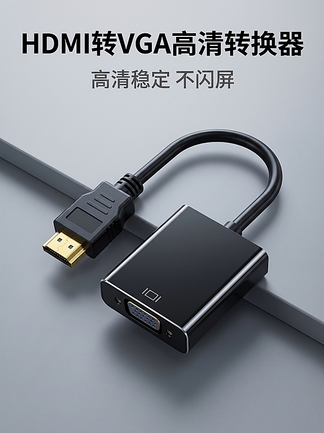 [主图 1] HDMI转VGA高清转换器产品首图，[氛围风格] 极简科技风，专业简约高级质感，[画质] 商业摄影质感，光线柔和通透，产品清晰真实，画面干净高级，[元素] 保持HDMI转VGA转换器产品外观（物理结构、材质质感、颜色）与输入产品图绝对一致，杜绝任何变形和色差，精细化处理。产品主体居中放置，商品主体占比严格控制在60%-80%之间，背景为极简灰色哑光质感台面。[光影] 冷调侧光，突出金属质感与轮廓高光，真实自然的阴影，明暗对比清晰，[配色] 主色调为深灰哑光黑，搭配产品本身黑色和金色，简约高级，[视角构图] 平视视角，景深适中，产品完整不裁切，无边框大图，[文字版式] 顶部左对齐放置主标题 "HDMI转VGA高清转换器"，字体为黑色粗体无衬线，字号最大；下方副标题 "高清稳定 不闪屏"，字体字号约为标题一半，深灰色；文字位于负空间，不遮挡产品主体，深底暗字对比清晰，[比例分辨率] 3:4 比例，2k分辨率，文字清晰可辨，超高清。[负向提示词] 变形，水印，文字错乱，产品图模糊，背景杂乱，遮挡主体。