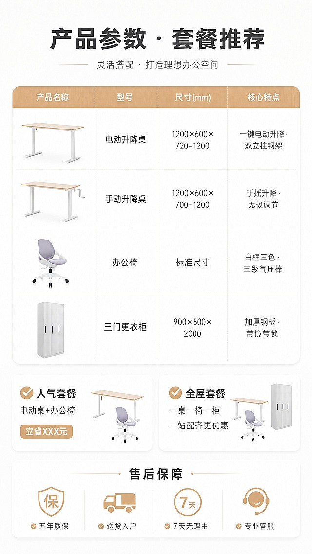 [商品] 使用四款产品的缩略示意（电动升降桌、手动升降桌、办公椅、三门更衣柜）；保留各产品基本轮廓和颜色特征，做简化图标化处理。
[画面] 页面目标：参数规格表+套餐推荐+售后保障页，作为详情页收尾。构图：上中下三段式，顶部约1/6为标题区，中部约3/5为四款产品规格参数对照表，底部约1/3为套餐推荐+售后保障；阅读动线从上至下；背景为纯净浅灰白底，大量留白。
[视觉] 套系策略：风格=极简北欧风+现代办公美学；标题字=粗体无衬线中文字体；正文字=简洁无衬线中文字体；主色=浅色原木色+白色+浅灰色；背景延展=基于白色、浅灰做深浅层级、同色渐变和细腻纸张质感；强调色=原木暖棕色，仅用于小面积✅对勾图标、表格表头底色和标签；标题色=深炭灰；正文色=中暖灰；组件=细线表格、圆角套餐卡、✅对勾符号、售后图标；光影=均匀平面光，干净整洁。
[文字] 顶部主标题「产品参数 · 套餐推荐」；中部参数对照表，表头为「产品名称 / 型号 / 尺寸(mm) / 核心特点」，四行分别为：「电动升降桌 / MN02-3660 / 1200×600×720-1200 / 一键电动升降·双立柱钢架」「手动升降桌 / MN02-3668 / 1200×600×700-1200 / 手摇升降·无极调节」「办公椅 / MN05-3646 / 标准尺寸 / 白框三色·三级气压棒」「三门更衣柜 / MN04-2275 / 900×500×2000 / 加厚钢板·带镜带锁」；底部套餐推荐区：「✅人气套餐：电动桌+办公椅 立省XXX元」「✅全屋套餐：一桌一椅一柜 一站配齐更优惠」；再底部售后保障：「✅五年质保 ✅送货入户 ✅7天无理由 ✅专业客服」；文字全部横向排版，层级清晰，手机端可读。
[规格] 图片比例9:16竖版，4K，负向提示：避免变形、错字、文字过小、表格模糊、杂乱背景、竖排文字。