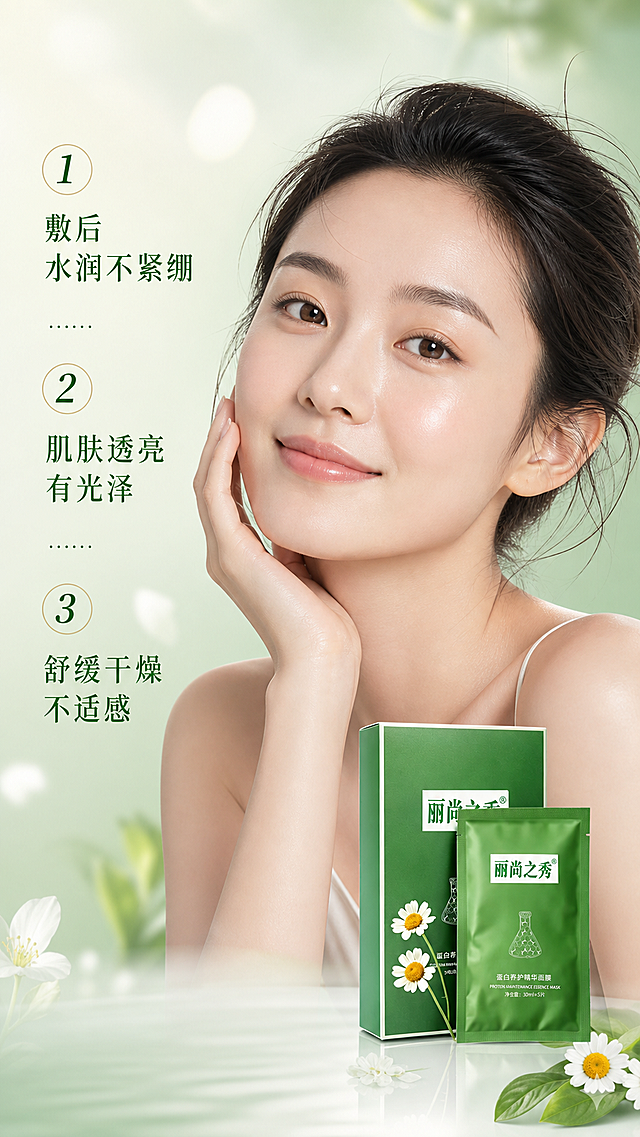 [第4屏] 真人效果展示，亚洲女性使用面膜后的肌肤状态。本屏底部融入丽尚之秀蛋白养护精华面膜产品。
[氛围/风格] 自然松弛氛围感，清透干净肤质展现，柔和护肤场景。
[元素布局] 画面上半部分为亚洲女性肩部以上半身，模特手轻托脸颊，展示透亮水润肌肤；产品置于画面右下角，与背景自然融合；背景为淡绿色渐变，搭配细碎光斑，人物肌肤自然真实，产品外观与输入图一致。
[光影质感] 柔和侧光，突出肌肤光泽质感，整体光线均匀通透。
[配色色系] 全局底色 #EFF8F2；主色淡绿渐变；辅助色自然肤色、绿色产品包装。
[视角构图] 视觉中心为模特肌肤，产品点缀右下角，构图自然不生硬。
[文字版式] 左侧三个编号卖点：「① 敷后水润不紧绷」「② 肌肤透亮有光泽」「③ 舒缓干燥不适感」，文字竖向排列，不遮挡模特面部。
[比例分辨率] 9:16竖版比例，4K分辨率，文字清晰可辨，高清画质。
[负向提示词] 夸张对比，虚假效果，人物变形，产品模糊，文字遮挡主体。
