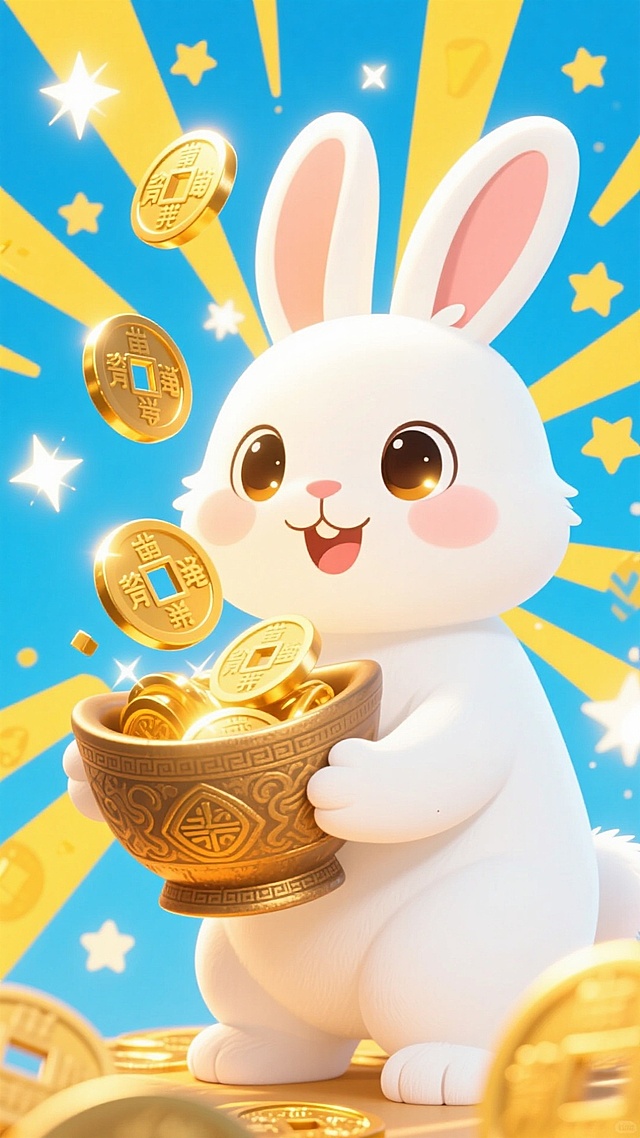 软3D风卡通兔手持鎏金元宝，喜庆氛围浓郁，金币飞舞，充满可爱与金属质感，寓意新年招财纳福。
