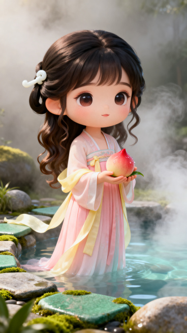 根据麻姑献寿的传说创作，Q版古装古风美女，站在温泉池旁，手里捧着仙桃，整体画面仙气飘飘，细节丰富，国风仙幻风格，色彩柔和唯美预览效果