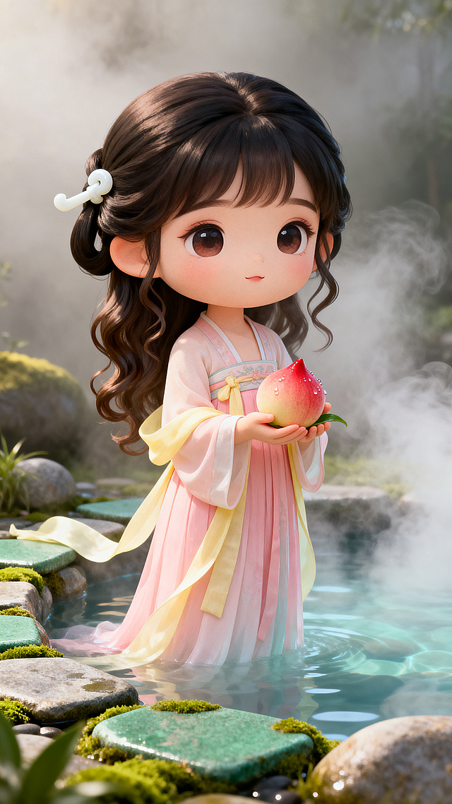 根据麻姑献寿的传说创作，Q版古装古风美女，站在温泉池旁，手里捧着仙桃，整体画面仙气飘飘，细节丰富，国风仙幻风格，色彩柔和唯美