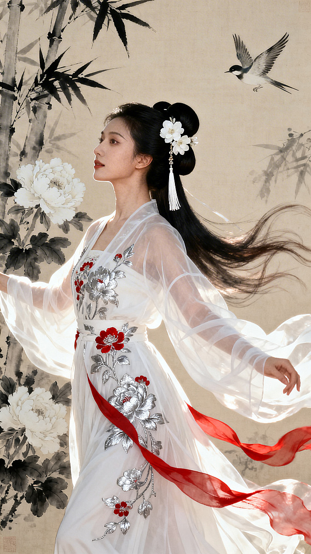 工笔风与水墨风交融，刺绣红花点缀素衣，竹影飞鸟映衬古典意境，清透柔纱随风飘舞，尽显中式唯美与梦幻朦胧之美。