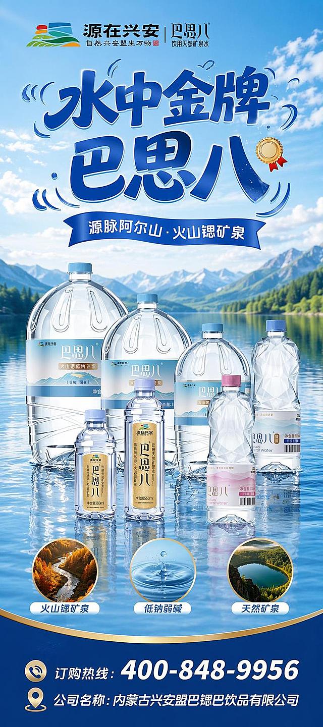 优化这张巴思八矿泉水海报，保留原版式骨架和全部产品，提升整体视觉品质与商业质感。产品100%还原上传图的外形、包装、LOGO、印刷文字、净含量，完整保留所有瓶型、瓶盖、标签版式、品牌logo、容量信息、材质质感与颜色，正面朝向以标签清晰可读为准。优化方向：1.背景升级为更通透的阿尔山山脉湖面风光，远山层叠有空气透视感，天空干净明亮带少量白云，水面有细腻波纹与倒影，整体更具自然产地氛围感；2.产品区光影升级，瓶身通透有高光与折射，水面倒影更真实，产品排列保持原有的大小错落节奏；3.主标题"水中金牌 巴思八"字体更有力量感，蓝色渐变更精致，水花装饰元素更灵动，金牌徽章更有金属质感；4.副标题"源脉阿尔山·火山锶矿泉"蓝色丝带更有光泽质感；5.三个圆形卖点图标（火山锶矿泉/低钠弱碱/天然矿泉）画面更精美，边框金色更细腻；6.底部深蓝色底栏加金色描边更精致，电话与公司信息排版更清晰；7.整体色调以清透蓝为主，金色点缀，高级清爽商业摄影质感，版式精美，层次分明，四边留足安全边距。画面中必须完整呈现以下文字信息："水中金牌 巴思八"、"源脉阿尔山·火山锶矿泉"、"源在兴安"、"巴思八"、"火山锶矿泉"、"低钠弱碱"、"天然矿泉"、"400-848-9956"、"内蒙古兴安盟巴锶巴饮品有限公司"；画面中所有数字必须精确渲染，不得错位、遗漏或编造。