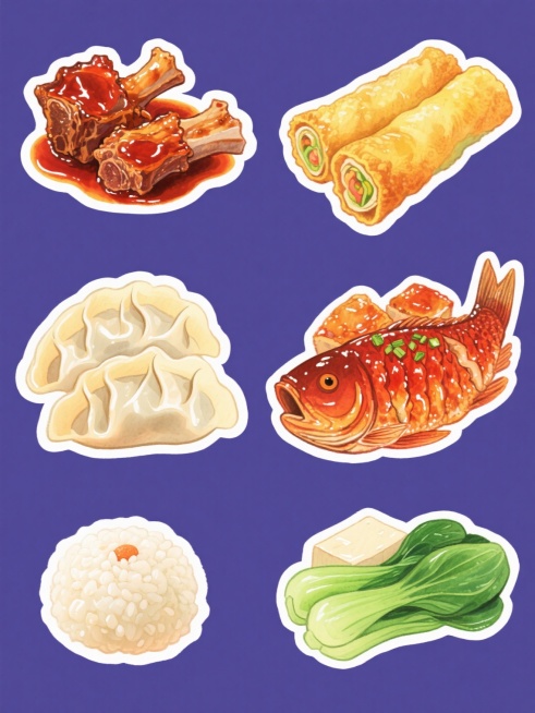 一系列六幅同风格手绘插画，每幅均为单一中国传统美食元素，保持厚涂水彩质感，鲜艳饱和的色彩，清晰的轮廓线和高光表现，纯色背景；从左到右、从上到下依次为：油亮的红烧排骨，肉质纹理分明，酱汁欲滴；金黄的炸春卷，酥脆外皮，内馅隐约可见；饱满的蒸饺，褶皱精致，皮薄馅足；红亮的糖醋鱼块，外焦里嫩，点缀葱花；软糯的糯米团子，滚圆可爱，表面光滑；翠绿的青菜豆腐，色彩清新，搭配和谐；所有元素规整排列，风格统一，……预览效果