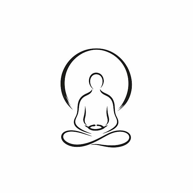 干净的纯白色背景。极简国学风图标logo设计，纯图形无文字，修行冥想主题。画面主体是一个简约线条勾勒的打坐冥想人形剪影，盘腿坐姿，双手结印，身形圆润流畅，头顶上方有一轮简洁的圆形光环或月牙意象，整体如同一枚古朴的印章图形。线条极简，黑白单色，禅意深远，简单明了，具有东方美学韵味。图形居中呈现，四周留有充足留白。比例1:1