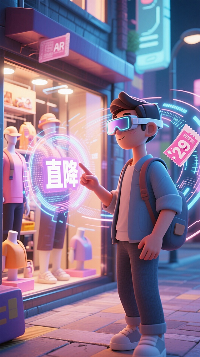 未来感3D卡通风格，融合虚拟现实与霓虹灯元素，粒子特效点缀，展现科技购物新体验，节日促销氛围浓厚。