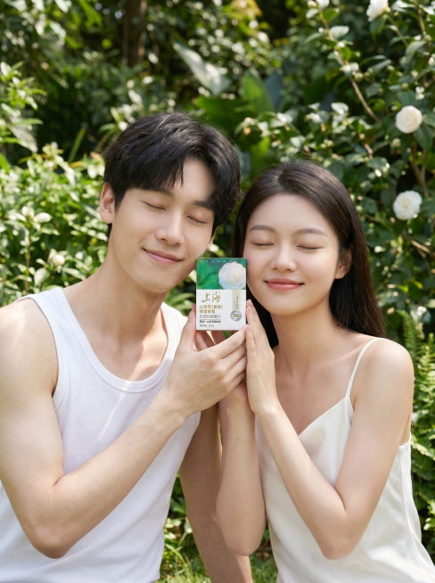 根据参考人像，生成图中男女模特捧着上海山茶花除菌香皂，模特脸贴在香皂上，闭着眼睛，表现出温馨安然的情绪，产品清晰展示，自然干净的氛围，不同的自然绿植场景预览效果
