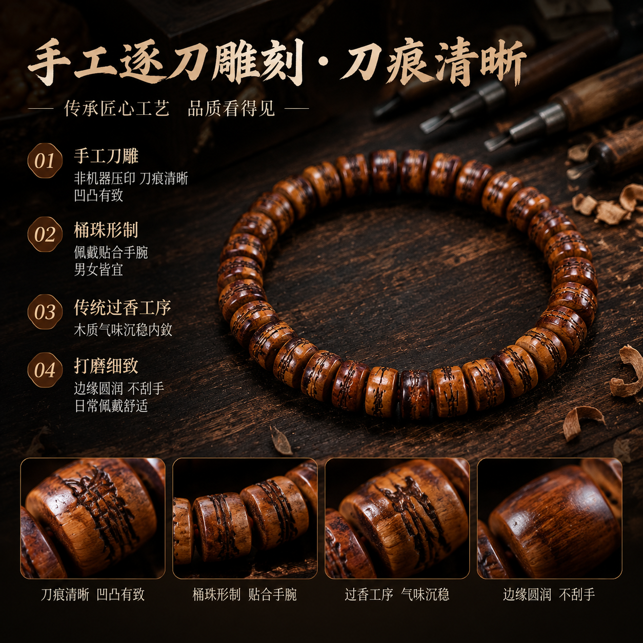 第4张主图：工艺卖点图。基于image1中的雷击枣木手串产品，… - 图片创意预览