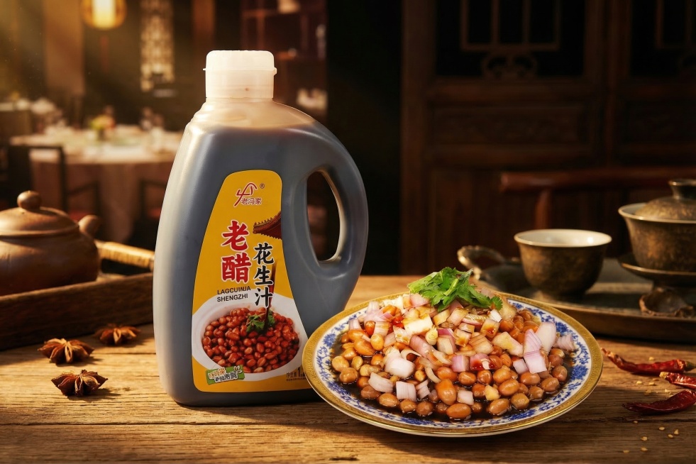 重新将图中的老冯家老醋花生汁调味瓶，和做好的老醋花生米菜品组合在一张高级感氛围感宣传海报中，暖调光影，突出酱香浓郁的诱人食欲感，高端餐饮美食海报风格预览效果