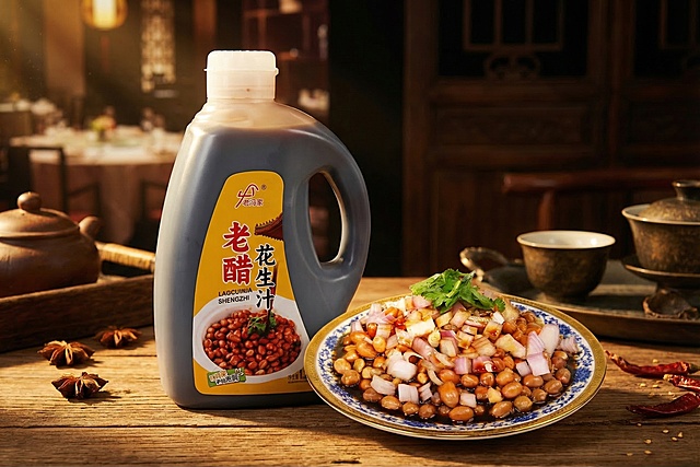 重新将图中的老冯家老醋花生汁调味瓶，和做好的老醋花生米菜品组合在一张高级感氛围感宣传海报中，暖调光影，突出酱香浓郁的诱人食欲感，高端餐饮美食海报风格