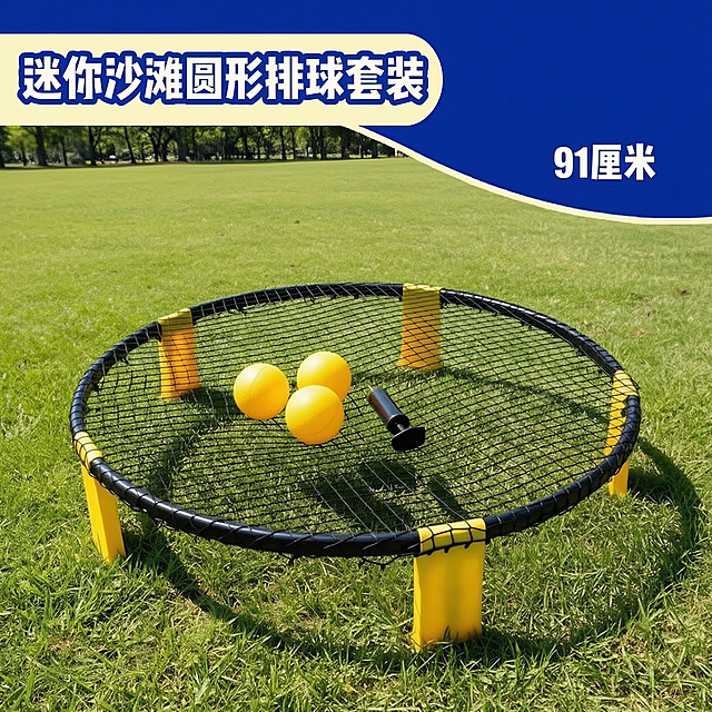 将图上英文全部替换为中文，内容改为：迷你沙滩圆形排球套装，91厘米，保持字体、排版和颜色都不变
