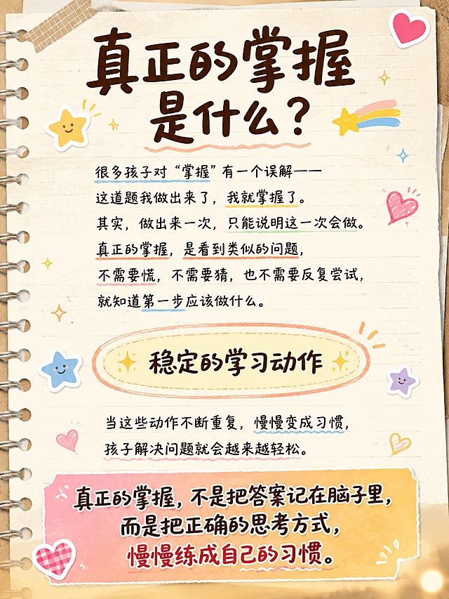 小红书笔记内页贴图，手账拼贴风格，金句收尾主题，版式精美，小红书笔记封面质感。大标题：「真正的掌握是什么？」，粗黑手写体，深棕色，字号最大。正文：「很多孩子对'掌握'有一个误解——」「这道题我做出来了，我就掌握了。」「其实，做出来一次，只能说明这一次会做。」「真正的掌握，是看到类似的问题，」「不需要慌，不需要猜，也不需要反复尝试，」「就知道第一步应该做什么。」。中间核心概念用星星装饰的圆形框突出：「✨ 稳定的学习动作 ✨」。下方：「当这些动作不断重复，慢慢变成习惯，」「孩子解决问题就会越来越轻松。」。底部大金句，用渐变底色条衬托，字体加粗：「真正的掌握，不是把答案记在脑子里，而是把正确的思考方式，慢慢练成自己的习惯。」。背景：浅米色笔记本纸张，底部有温暖的渐变光晕。装饰：星星贴纸、彩虹线条、心形贴纸，温暖治愈的氛围。画质高清，文字完整不裁切。