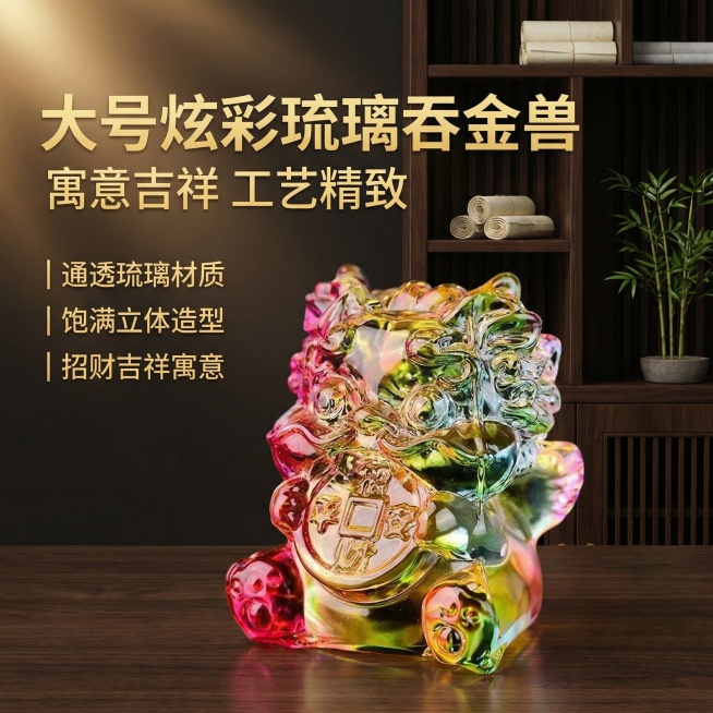 彩色大号吞金兽水晶摆件主图1，新中式轻奢国风，高端禅意茶室背景，深色实木博古架搭配淡黄色宣纸卷轴、小型文竹盆栽点缀，柔和暖光从左上方打在摆件上，突出琉璃通透炫彩质感，摆件居中完整展示，主体占比60%。预览效果
