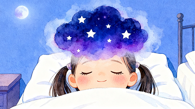 特写：女孩可可睡着后的正脸，枕头占画面一半，面部占一半，可可嘴角轻微上弯，睫毛长长地闭着，脸颊有淡红晕水彩效果，上方飘着深蓝紫渐变的不规则星云状小云小云在可可面部正上方10cm处，边缘像水彩晕开一圈，云体内部画4-6颗大小不一的白色四角小星星，场景是女孩卧室，右侧是床，左侧是床头柜，只有极淡蓝紫色月光从画面外左上方渗入，小云周围有一圈朦胧水彩湿接光晕，整体风格为水彩插画，情绪宁静、温柔、梦幻