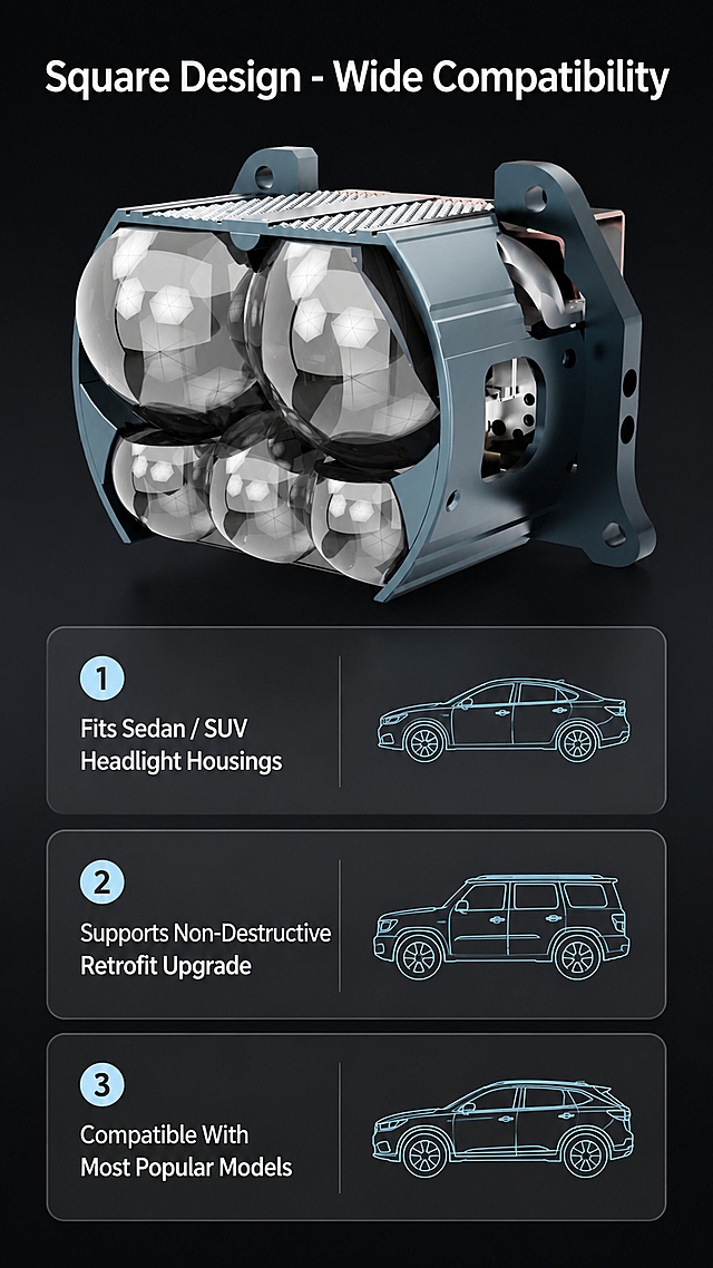 [Screen 7] Fit for multiple vehicle models, show product compatibility. Use [Image 6] side cutaway product view, keep product structure/color consistent with original.
[Atmosphere/Style] Lifestyle scene style, professional auto fit display, clear and intuitive.
[Layout] Cutaway product on top (~40% frame), 3 compatibility cards below, each with simple vehicle icon, keep product consistent with original.
[Lighting] Soft natural light, product clear, semi-transparent card backgrounds, clear text, distinct layers.
[Color Palette] Background #121218, product retains original blue-gray, semi-transparent light gray cards, white text, light blue icons.
[Composition] Top-bottom split, product top, cards bottom, top to bottom reading.
[Typography] Main title at top: "Square Design - Wide Compatibility", three cards: 1. "Fits Sedan / SUV Headlight Housings" 2. "Supports Non-Destructive Retrofit Upgrade" 3. "Compatible With Most Popular Models", clear text, clean layout.
[Ratio/Resolution] 9:16 vertical, 4K resolution, clear text, high definition.
[Negative Prompt] Deformed product, wrong structure, garbled text, overlapping cards, watermark, blur.