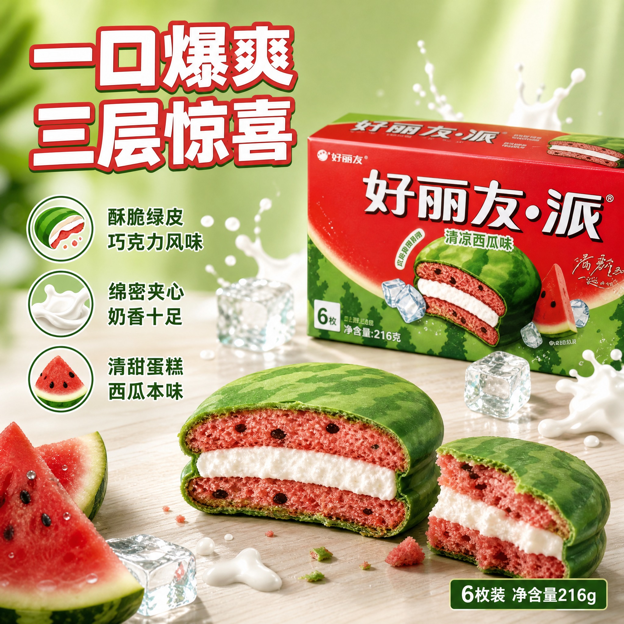 [主图-2] 好丽友派西瓜味细节卖点图，突出夹心层次与酥脆口感… - 图片创意预览
