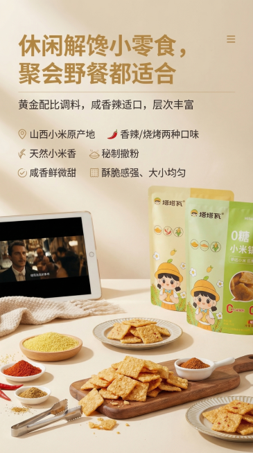 塔塔瓦0糖小米锅巴电商详情页，延续首图设计风格，9:16尺寸，浅米色背景，展示完整食用场景：放在木质砧板上的酥脆锅巴，搭配盘子和食品夹，旁边摆放原料小米和调味料，还原居家休闲追剧食用场景，文字说明"休预览效果